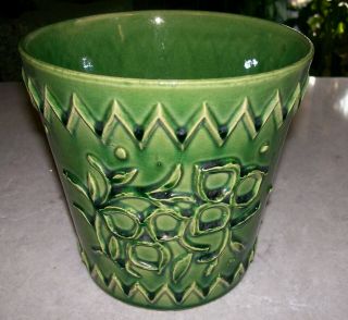 Old Vintage Green Mccoy Flower Pot 6 " Planter Leaves And Zig - Zag Euc