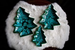 Vintage Speckled Ceramic Mold Christmas Tree Small Serving Dishes - Set Of Three