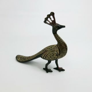 Vintage Etched Solid Brass India Regal Peacock Figurine Bird 6.  5 "