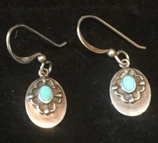 Vintage Native American Sterling Silver 925 With Turquoise Dangle Hook Earrings
