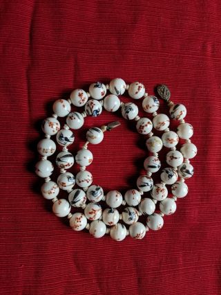 Vtg Hand Painted Chinese Porcelain Bead Necklace Hand Knotted