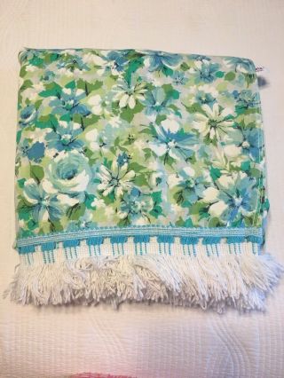Vntg 50s 60s Aqua Blue Green Rose Floral Twin Bedspread Cover Blanket Fringe