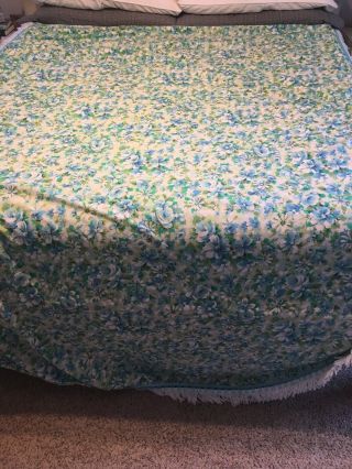 Vntg 50s 60s Aqua Blue Green Rose Floral Twin Bedspread Cover Blanket Fringe 2