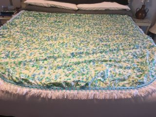 Vntg 50s 60s Aqua Blue Green Rose Floral Twin Bedspread Cover Blanket Fringe 3