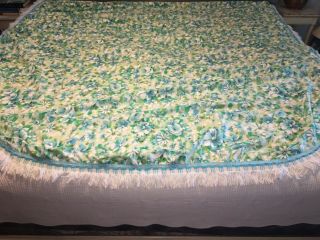 Vntg 50s 60s Aqua Blue Green Rose Floral Twin Bedspread Cover Blanket Fringe 4
