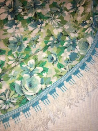 Vntg 50s 60s Aqua Blue Green Rose Floral Twin Bedspread Cover Blanket Fringe 5