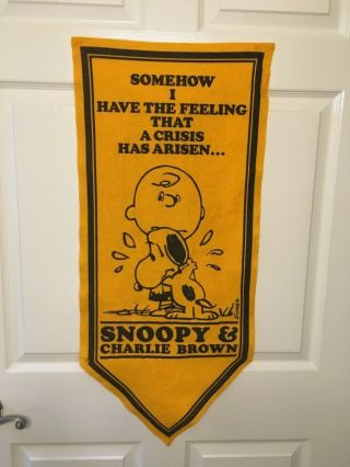 Vintage Yellow 1970 Peanuts Gang Charlie Brown & Snoopy Felt Pennant Banner Flag