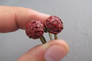 Vintage Asian Round Hand Carved Cinnabar Flower Brass Screwback Earrings