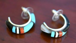 Vintage Lena Tsethlikia Zuni Turquoise Sterling Silver Pierced Hoop Earrings