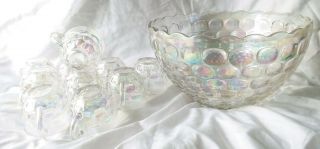 Vintage Federal Glass Yorktown Thumbprint Punchbowl 10 Punch Cups Carnival