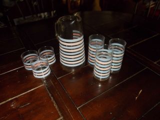 Vtg.  Pink Blue Striped Pitcher And Six Glasses,  2 Sizes