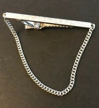 Vintage Anson Tie Bar Clasp Clip With Chain Silver Tone P32