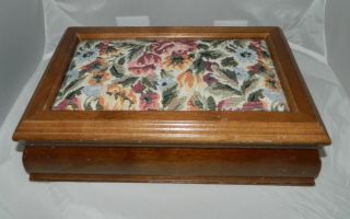 Vtg Mid Century Floral Embroidered Wood Double Layer Mirror Jewelry Trinket Box