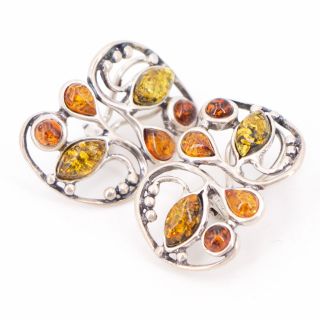 Vtg Sterling Silver - Baltic Amber Cluster Leaves Clip Back Earrings - 9g