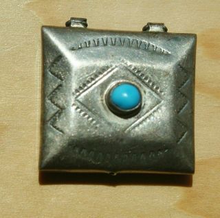 Vintage 40’s Small Sterling Silver Pill Box W/turquoise Cabochon Ks