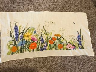 Large Vintage Completed Crewel Embroidery Wildflowers Flowers 42x22