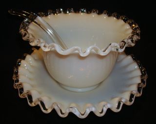 Vintage Fenton White Milk Glass Silvercrest Mayo Condiment Bowl Plate Spoon Set