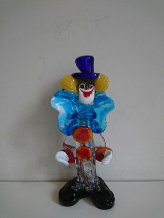 Vintage Murano Art Glass Clown Figurine - Blue Hat/blue Collar Orange Buttons Vgc