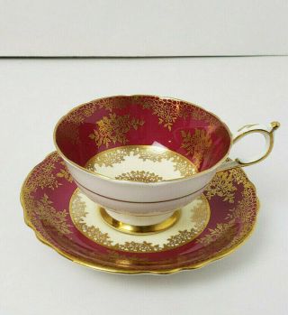 Vintage Paragon Bone China Teacup & Saucer Deep Rose Floral Gold Double Warrant