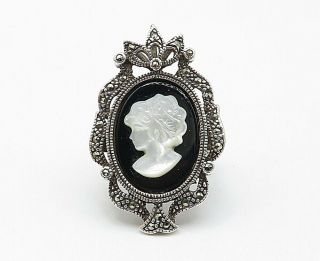 925 Silver - Vintage Black Onyx & Marcasite Woman Profile Cameo Ring Sz 7 - R8747 2