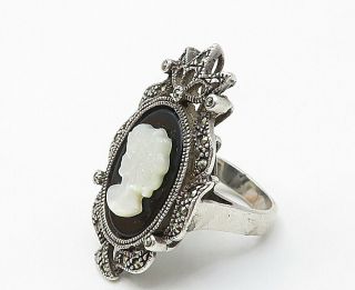 925 Silver - Vintage Black Onyx & Marcasite Woman Profile Cameo Ring Sz 7 - R8747 5