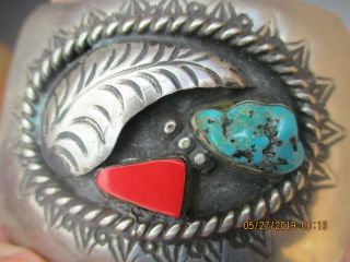 Vintage Old Pawn Navajo? Belt Buckle Unisex Sterling Silver Turquoise Coral Ss