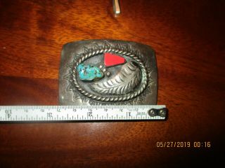 VINTAGE OLD PAWN NAVAJO? BELT BUCKLE UNISEX STERLING SILVER TURQUOISE CORAL SS 4