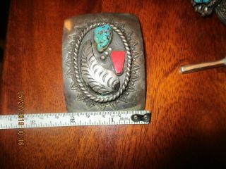 VINTAGE OLD PAWN NAVAJO? BELT BUCKLE UNISEX STERLING SILVER TURQUOISE CORAL SS 5