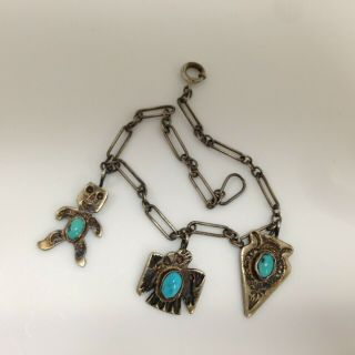 Vintage 925 Sterling Silver Turquoise 3 Charm Bracelet 7 Inches Jewelry R964
