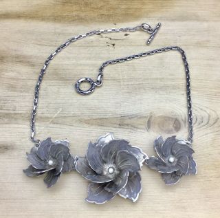 Vintage Jewellery Solid Sterling Silver 3d Roses Statement Necklace Signed “cme”