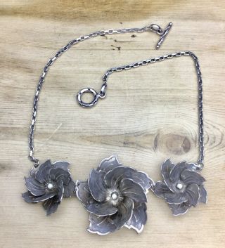 Vintage Jewellery Solid Sterling Silver 3D Roses Statement Necklace Signed “CME” 3