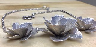 Vintage Jewellery Solid Sterling Silver 3D Roses Statement Necklace Signed “CME” 4