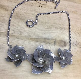Vintage Jewellery Solid Sterling Silver 3D Roses Statement Necklace Signed “CME” 7