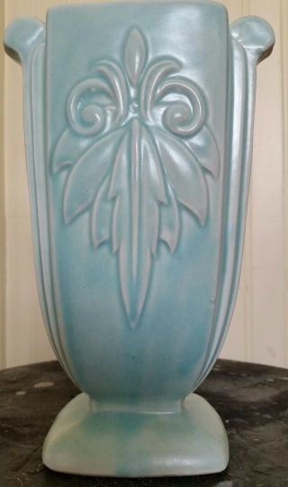 Vintage Aqua 2 Handle Pottery Vase " Usa Mc Coy " Deco Style 9 " Embossed Vase