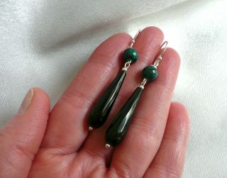 Vintage Art Deco Onyx & Green Jasper Sterling Silver Drop Earrings