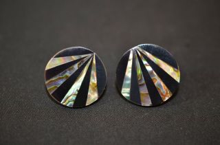 Vintage Earring Pair Abalone Shell Inlay Black Enamel Pierced Striped Mcm 900