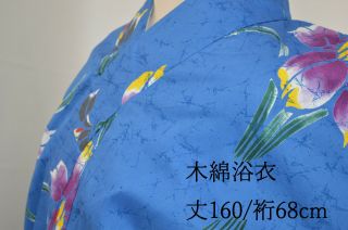 Vintage Cotton Yukata Kimono:160cm Tall Charming Blue Iris@kf89