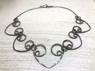 Vintage Modernist Hand Wrought Sterling Silver Hearts Link Choker Necklace