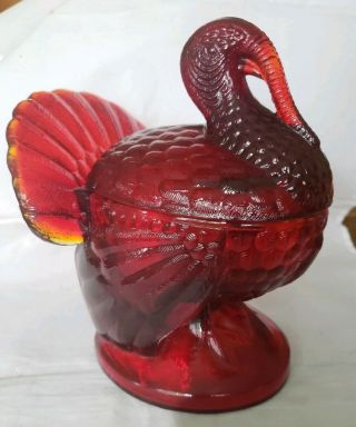 Vintage Stunning Le Smith Glass Ruby Red Covered Turkey Candy Dish Thanksgiving