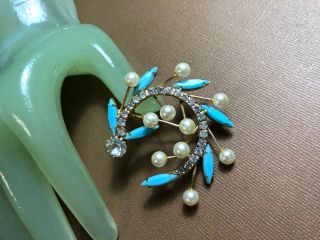 Vintage 2 " Goldtone Faux Pearl & Turquoise Beaded Rhinestone Style Pin - Zf