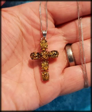 Vintage 925 Solid Sterling Silver And Golden Baltic Amber Cross Necklace