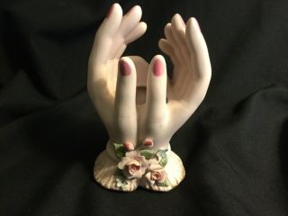 Vintage Lefton Double Hand Vase Ring Holder Pink Porcelain 1790