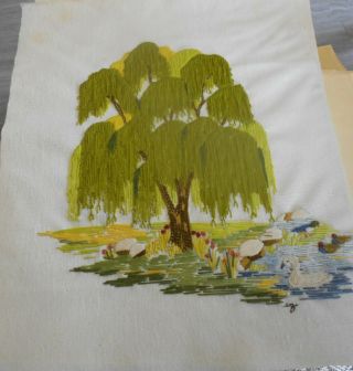 Vintage Needlepoint Willow Tree With Ducks & Flowers 16 " X20 " Unframed