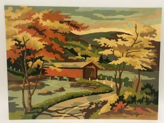 Vtg Paint By Number Painting Autumn Splendor Covered Bridge River 15.  75 X 11.  75