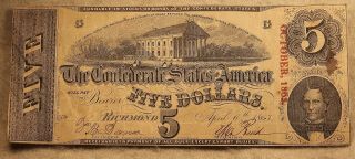 Redeemed Vintage Confederate States Sixth Issue 1863 5 Dollar Note