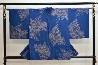 Vintage Silk Kimono Jacket:gorgeous Silver Chrysanthemum/rose@yg47