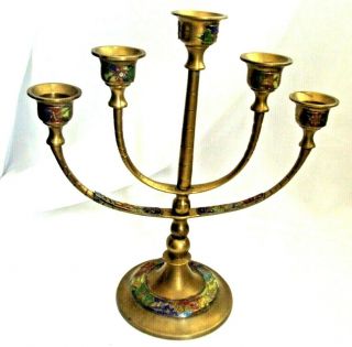 Vintage Brass 6 Arm Candle Stick Holder With Colorful Etching Made In China