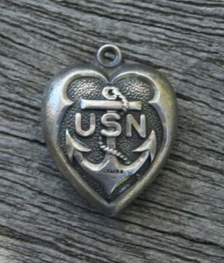 Vintage Sterling Silver Puffy Heart Charm - Wwii Us Navy Logo Anchor & Usn
