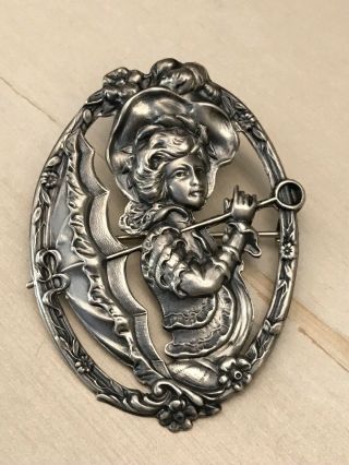 Vintage Sterling Silver Large Brooch 1960s Girl With Parasol