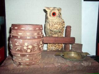 Owl Ashtray Pipe Stand Cigarette Brass Folk Art Vtg Wooden Hand Carved Man Cave